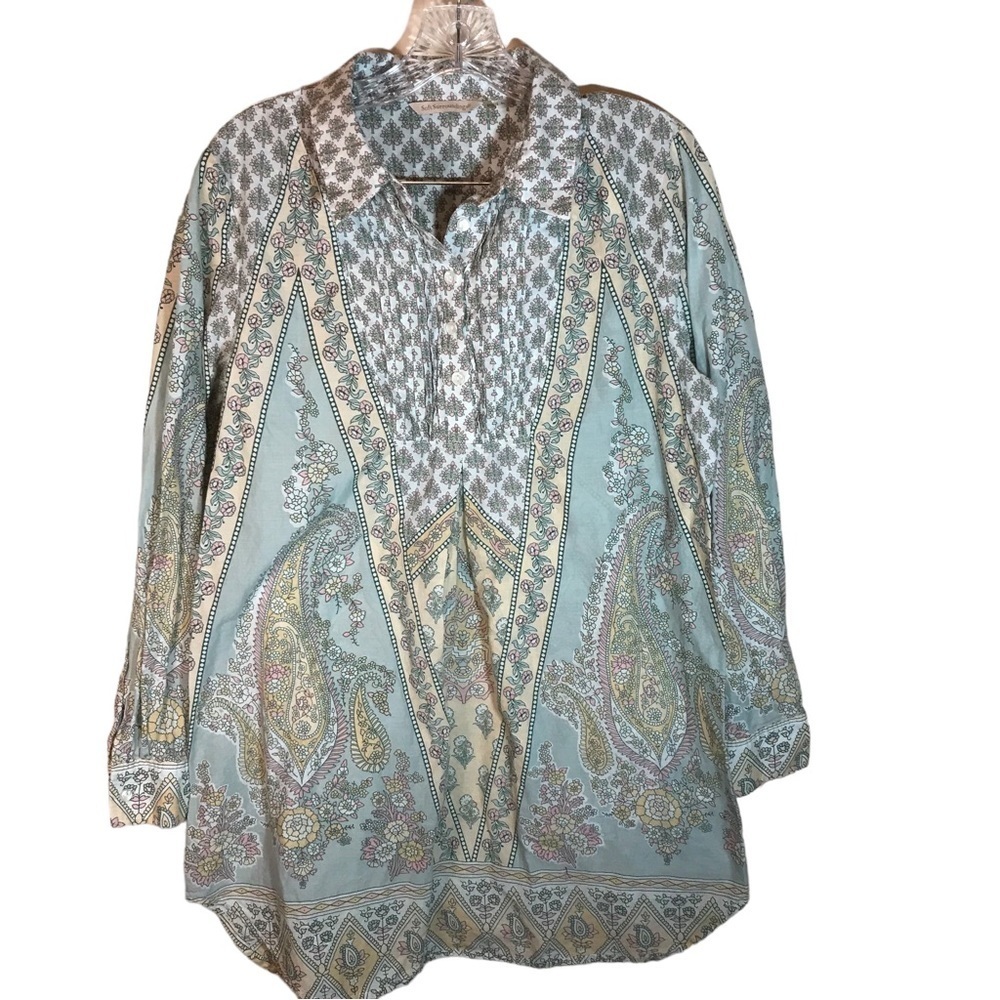 Soft Surroundings Paisley Print Tabitha Tunic blouse Womens Sz L Green Floral